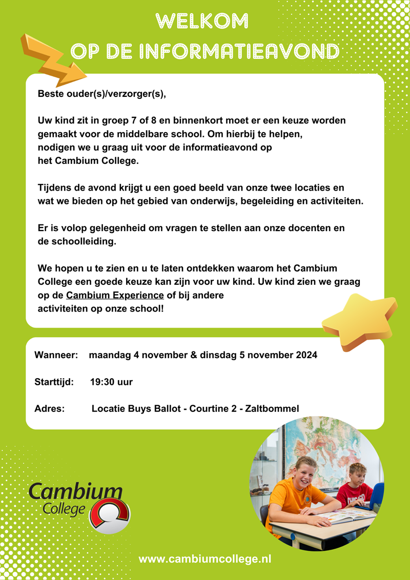 Informatieavonden ouders groep 7 + 8 leerlingen